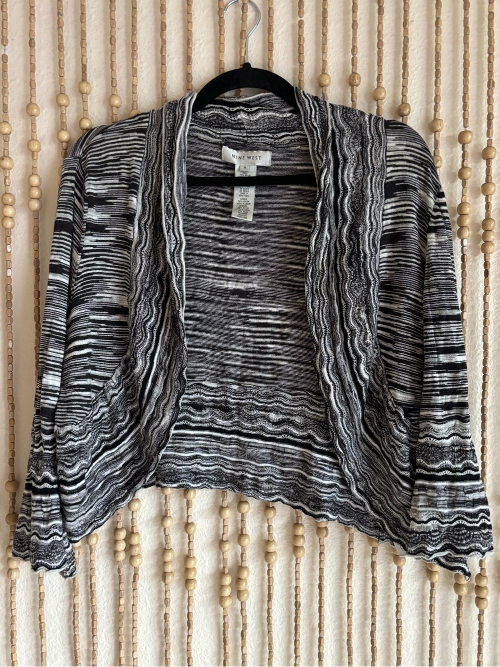 Nine West Black White Striped Knit Open Front Bell Sleeve Cardigan Sweater Y2K